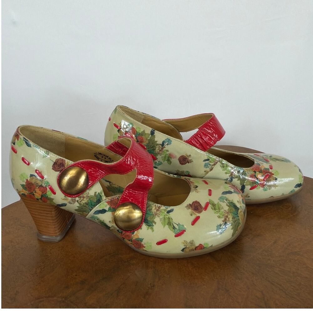 John Fluevog Green Multicolored Floral Button Red Straps Mary Janes 11 - Picture 3 of 7